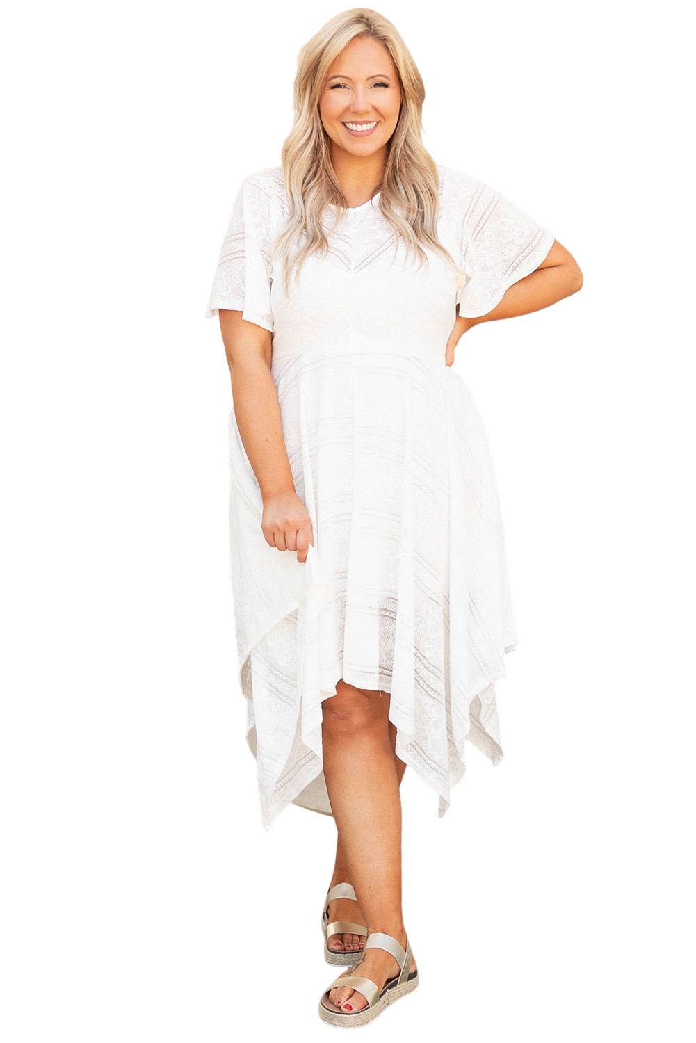 Plus Size Lace Striped Texture Handkerchief Hem Dress