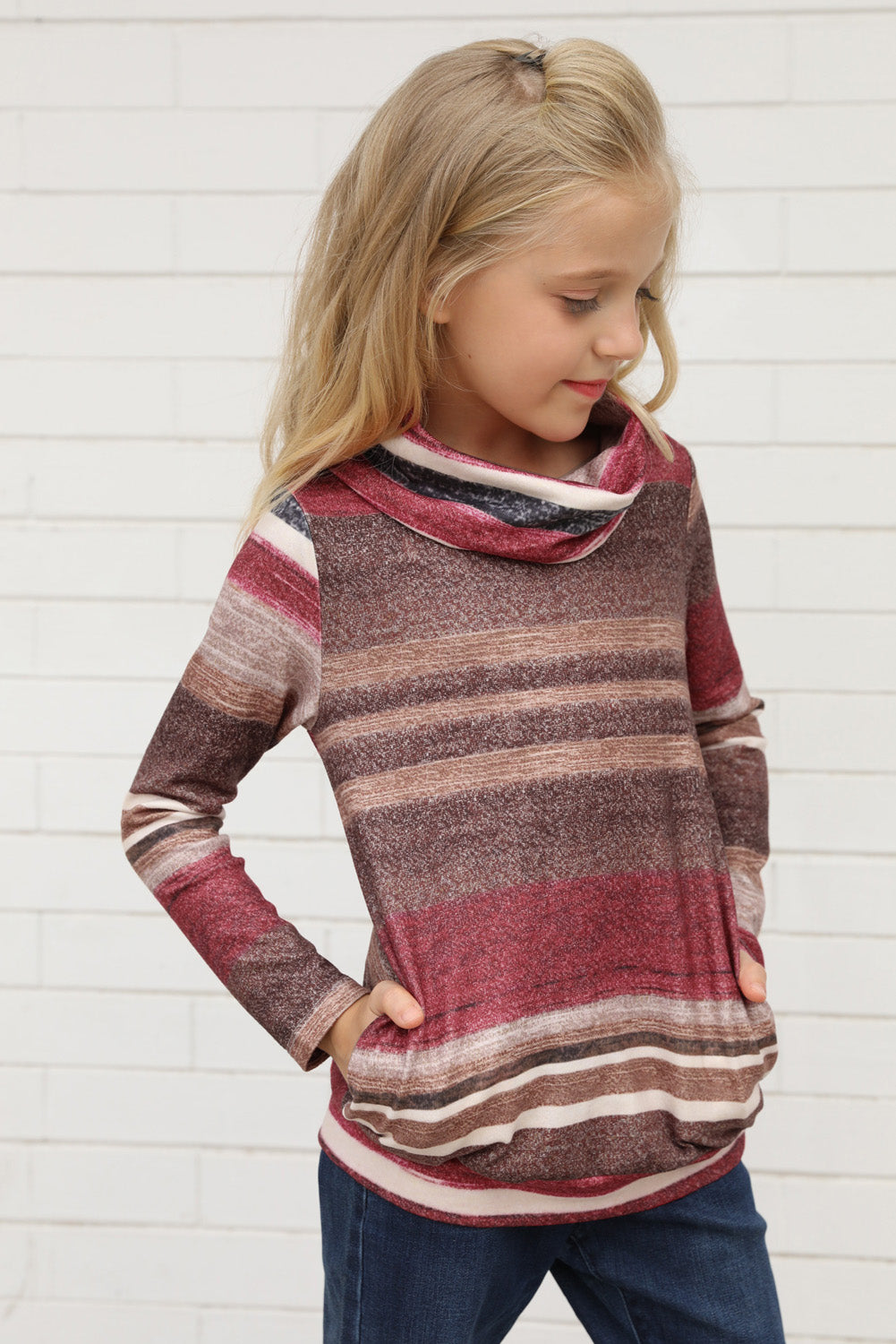 Multicolor Cowl Neck Girl's Striped Sweatshirt