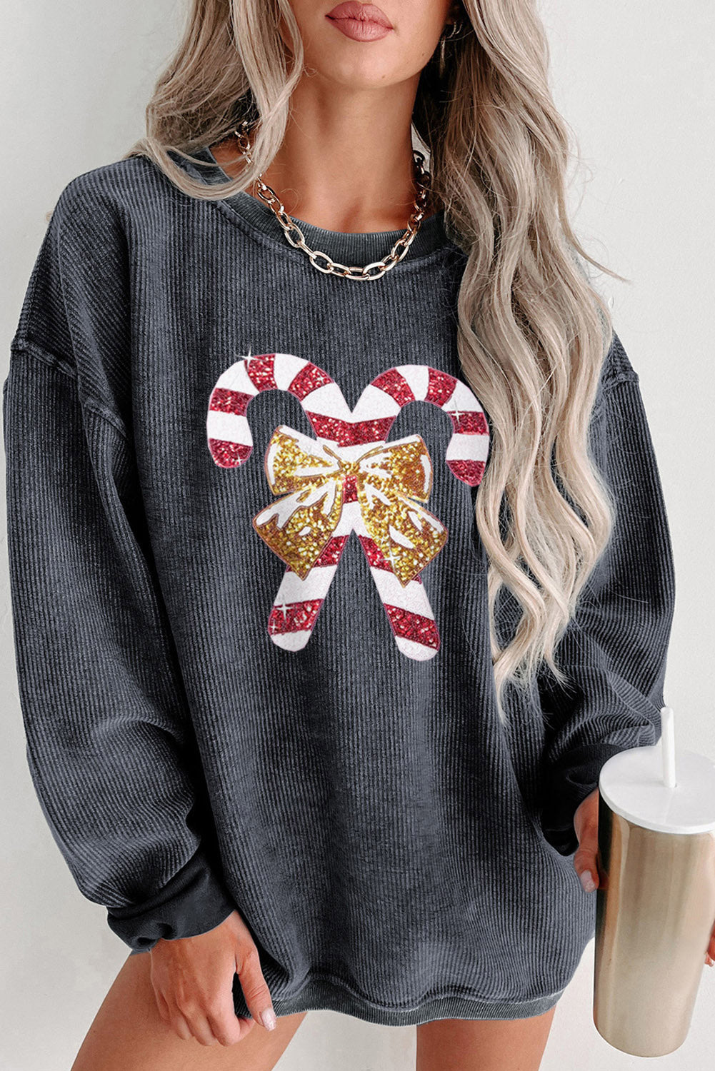 Gray Christmas Sequin Pattern Corded Oversized Sweatshirt