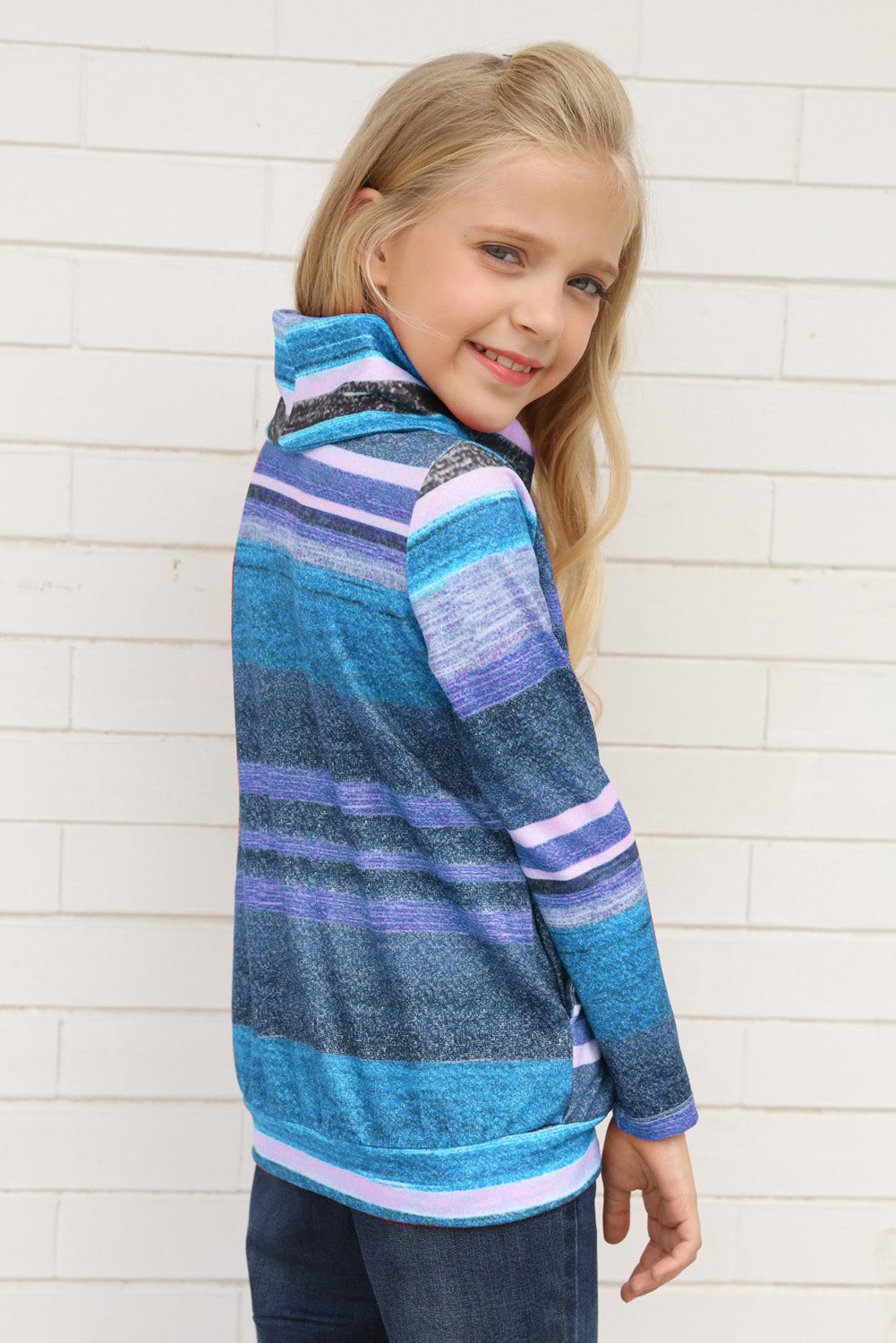 Multicolor Cowl Neck Girl's Striped Sweatshirt