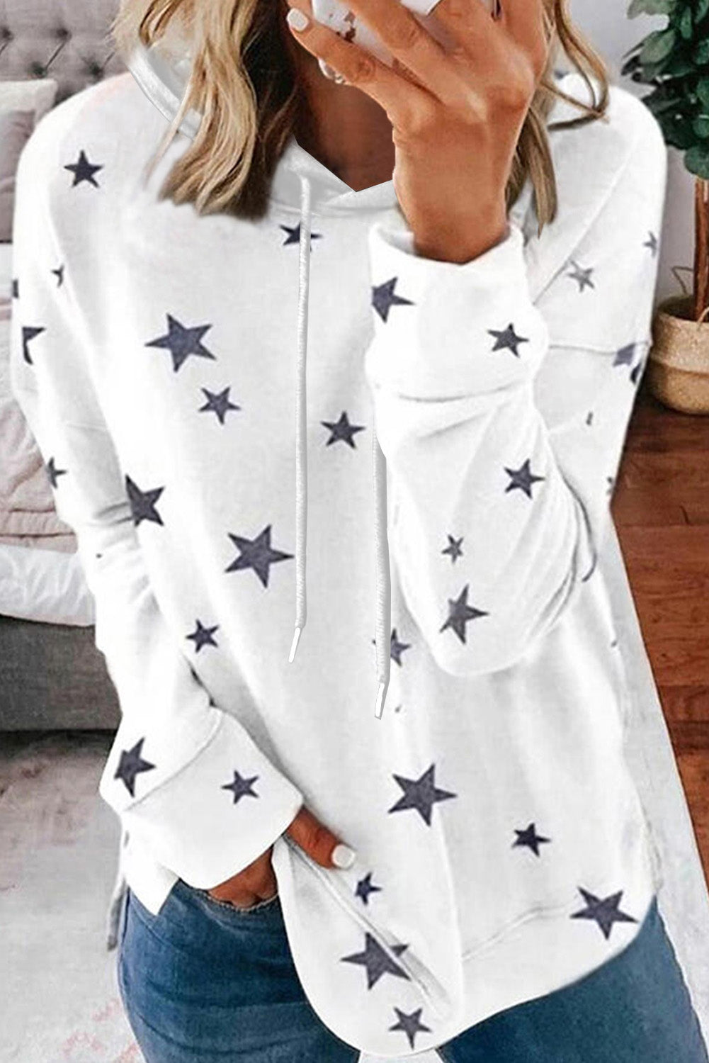 White Star Print Hoodie with Side Slits