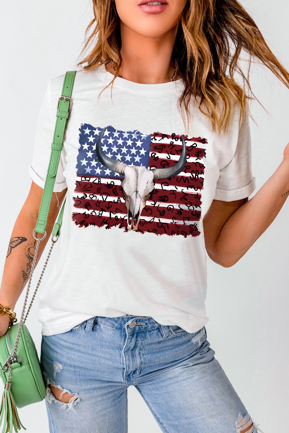 Bull Skull American Flag Graphic Tee