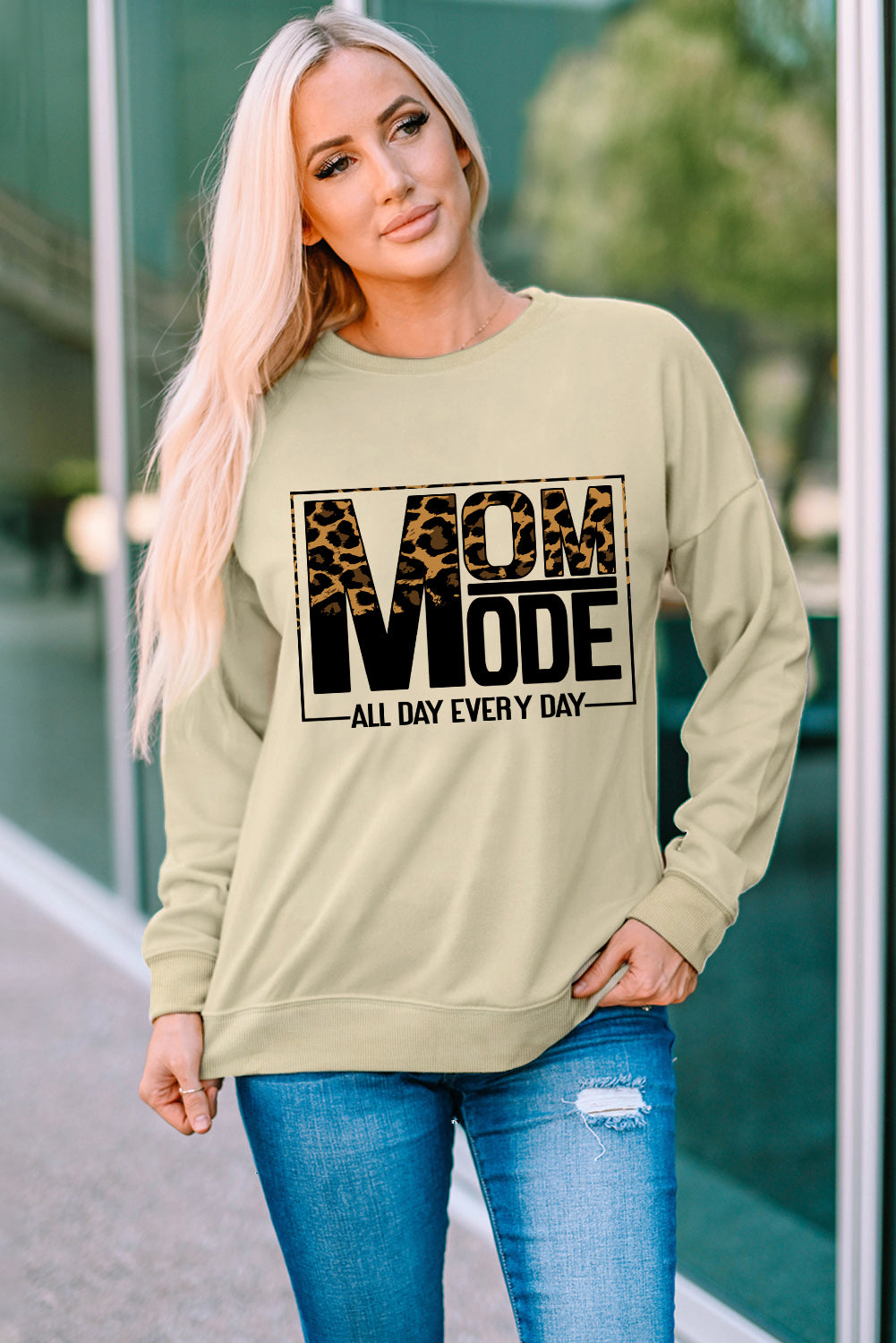 Khaki MOM MODE Leopard Print Long Sleeve Sweatshirt