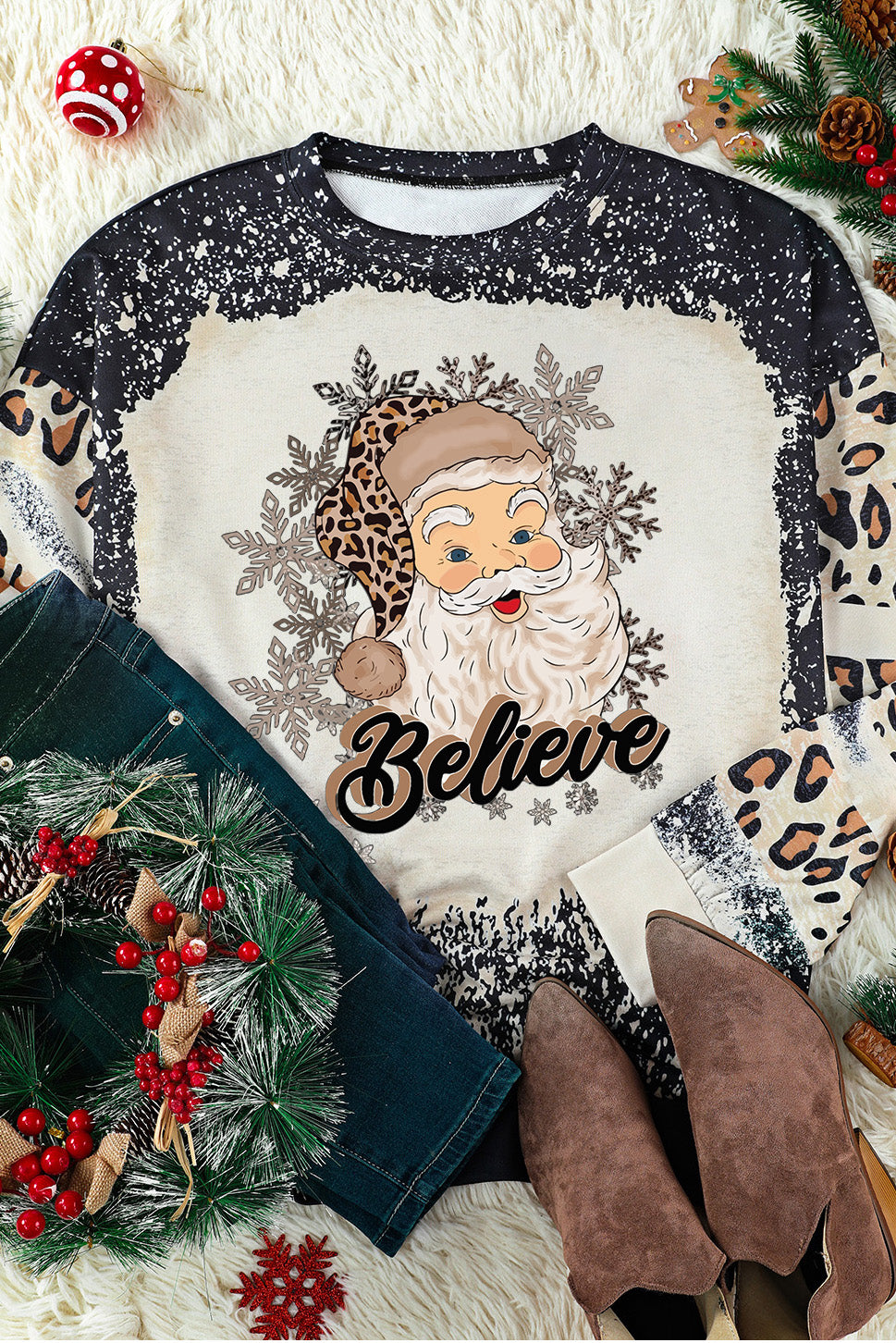 Believe Santa Clause Bleach Print Graphic Sweatshirt