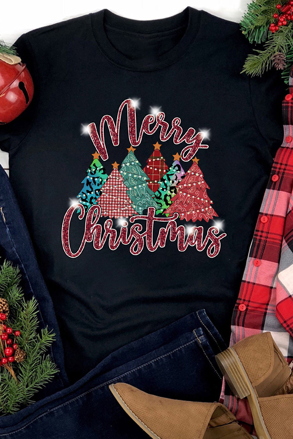 Merry Christmas Tree Pattern Graphic Tee