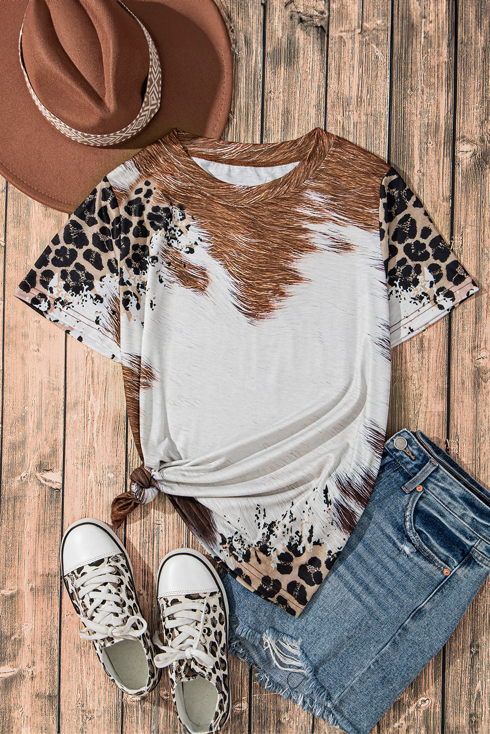 Chestnut Western Leopard Bleached Print Crew Neck T Shirt