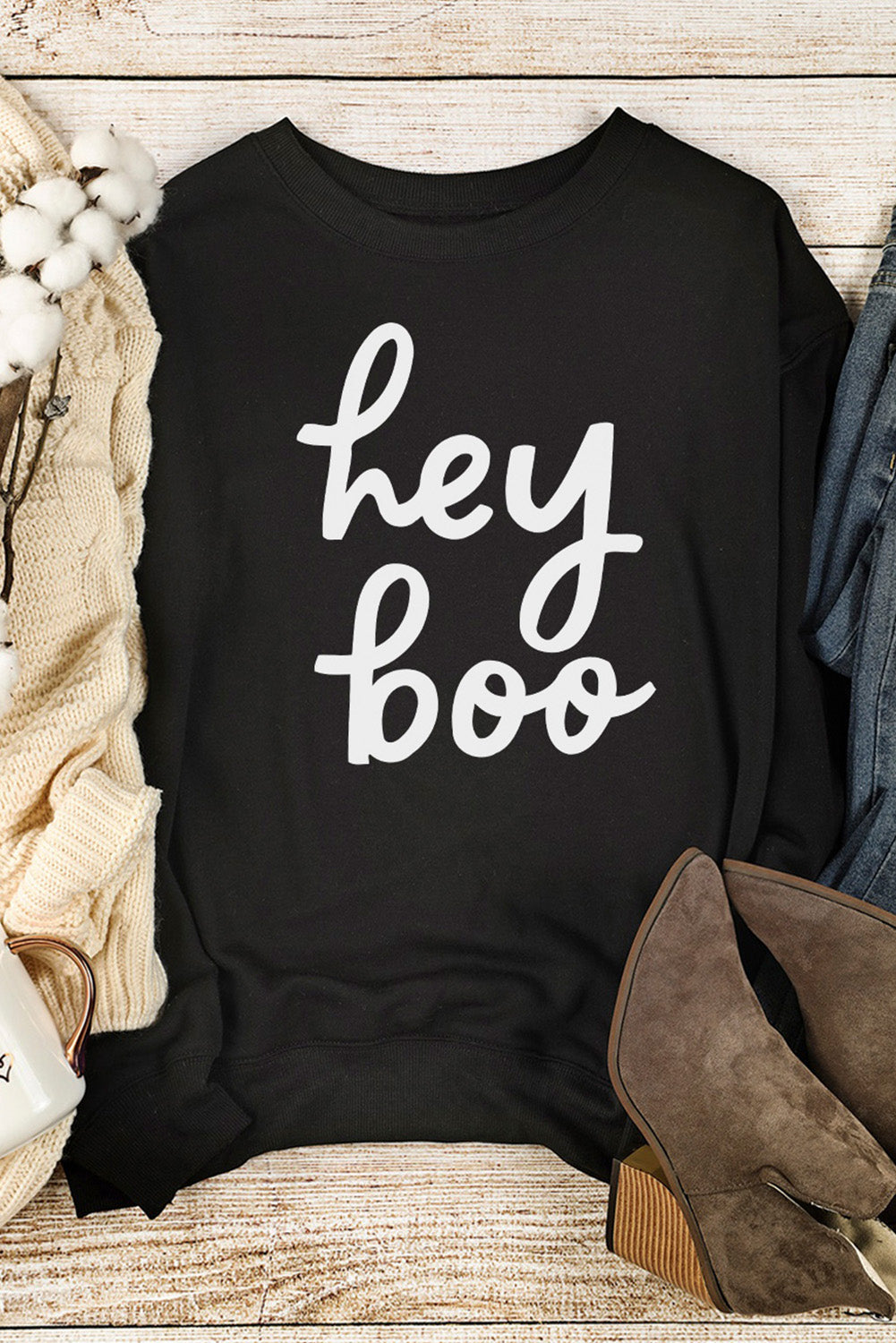 Hey Boo Letter Print Long Sleeve Pullover Sweatshirt