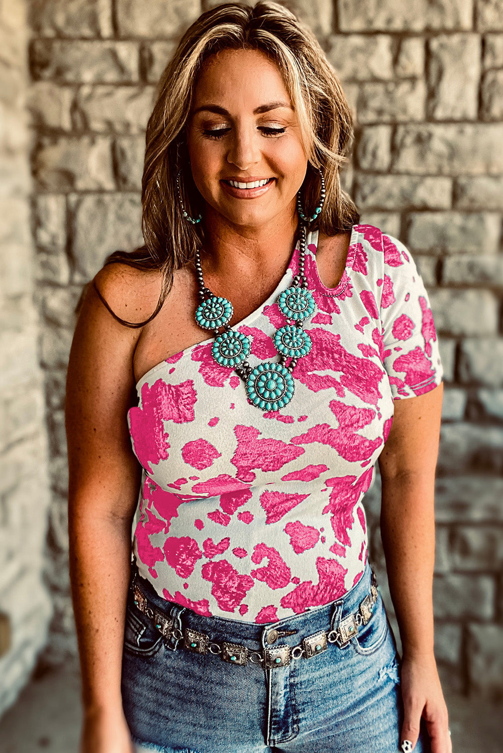 Pink One Shoulder Cow Print Cut out Short Sleeve Top