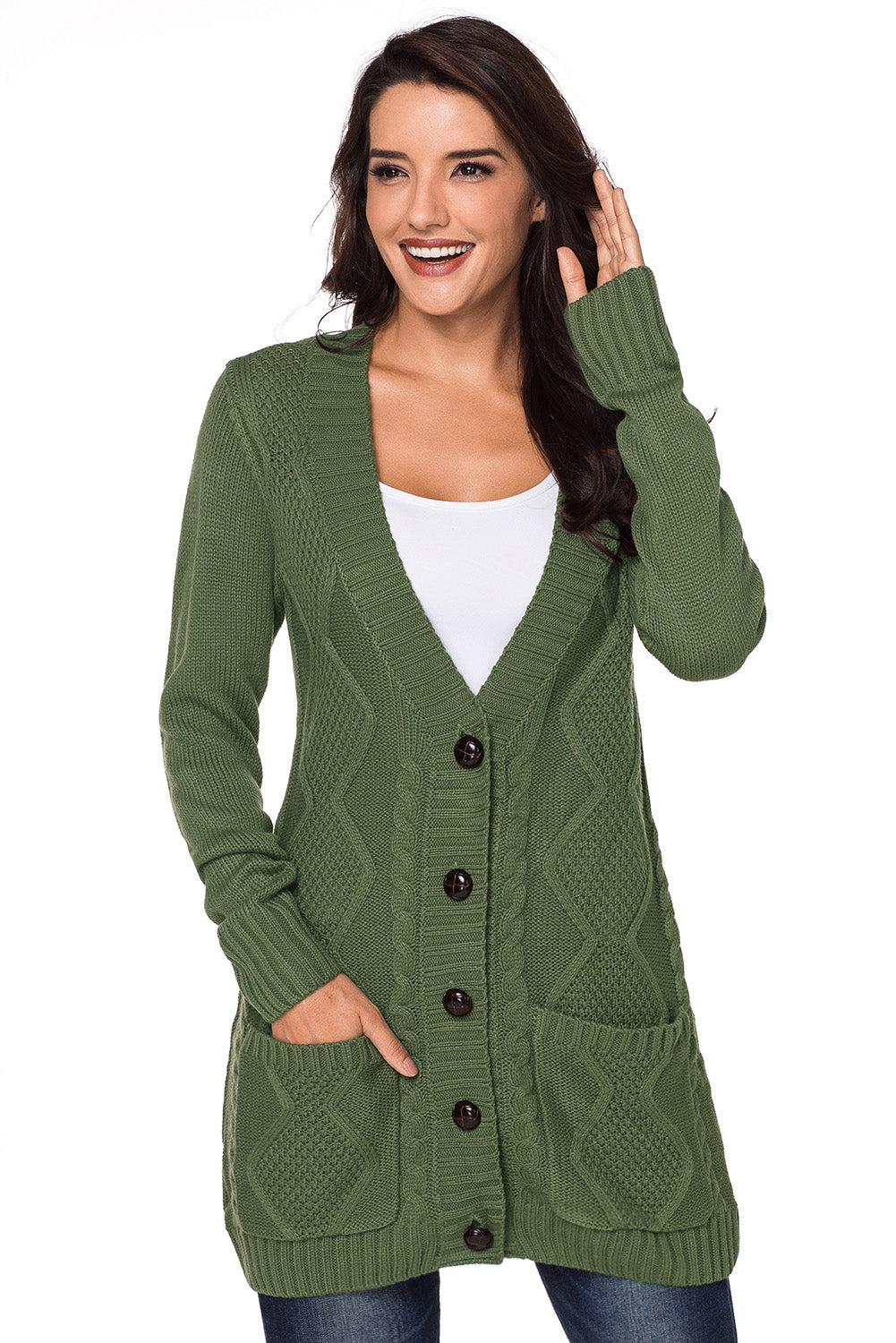 Green Front Pocket and Buttons Closure Cardigan