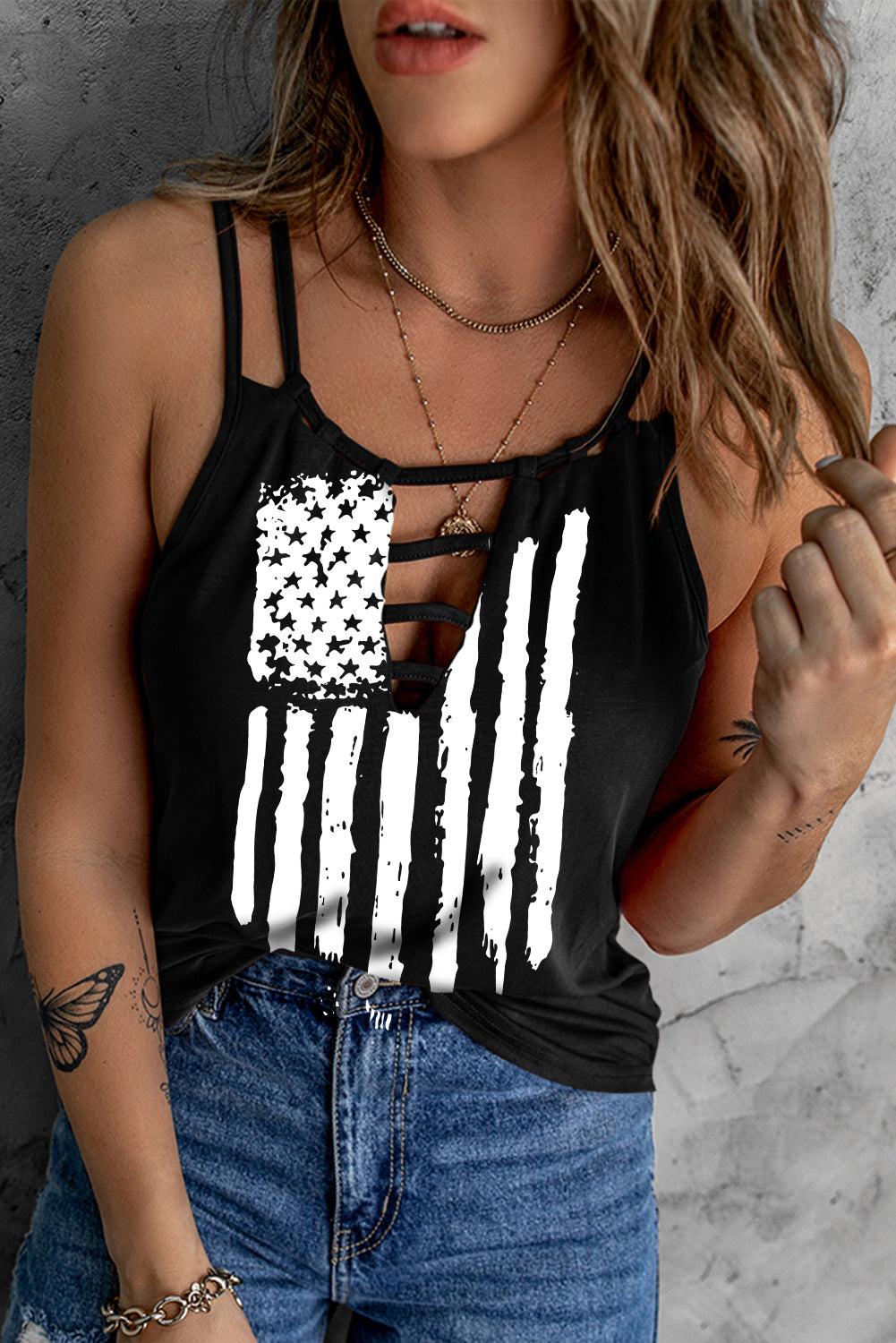 American Flag Print Cut Out Spaghetti Strap Tank Top