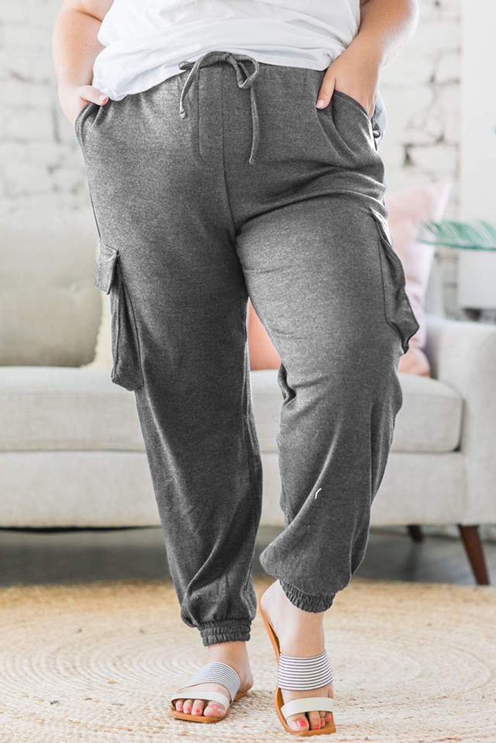 Gray Blue Elastic Waist Side Pocket Plus Size Jogger Pants