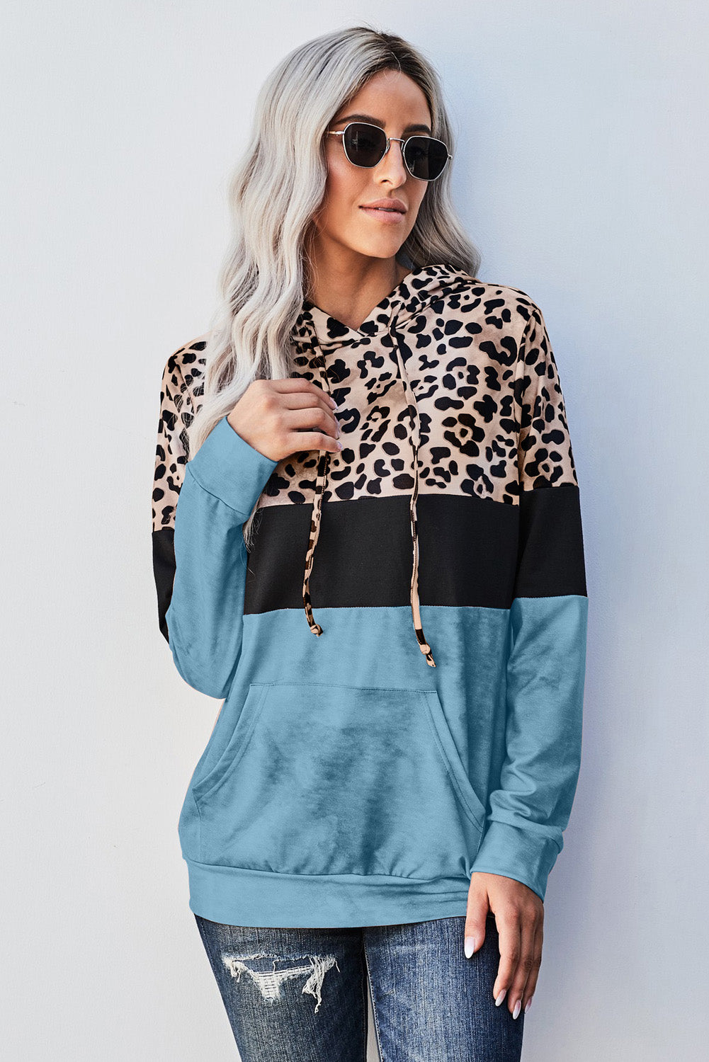 Blue Leopard Tie Dye Colorblock Hoodie