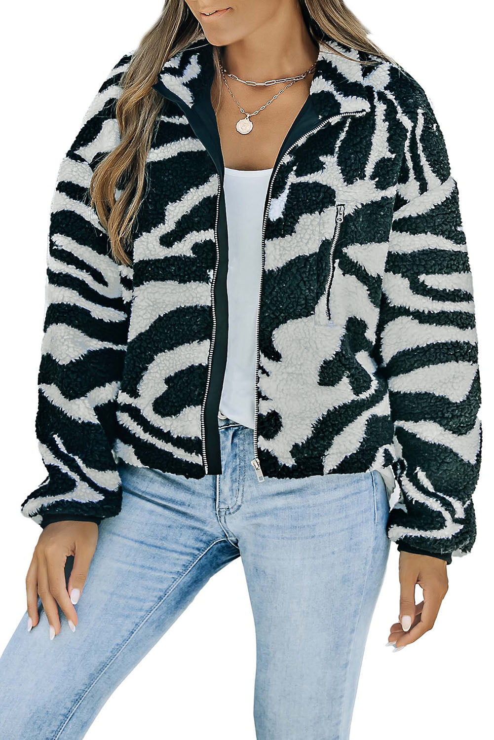 Zebra Teddy Zip-up High Neck Jacket