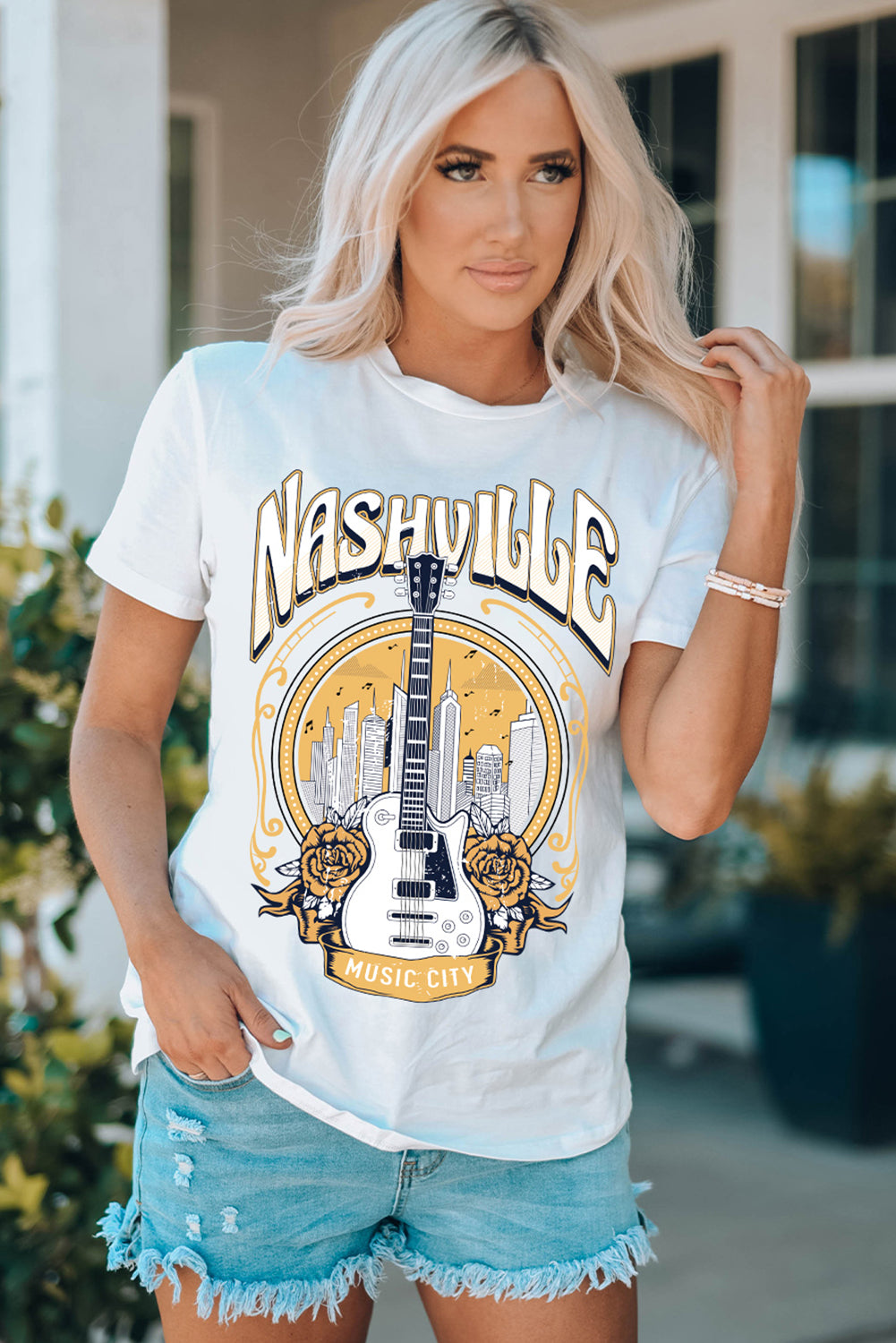 Music City NASHVILLE Guitar Floral Print Graphic T Shirt