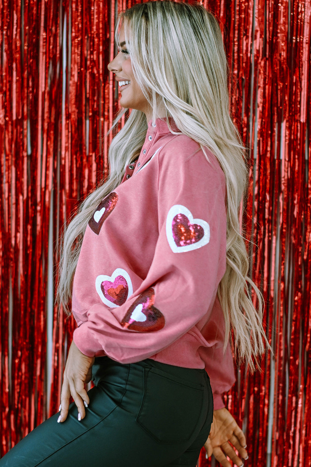 Pink Mineral Wash Sequin Heart Snap Buttons Collared Sweatshirt