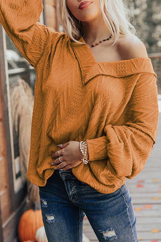 Textured V Neck Long Sleeve Knit Top