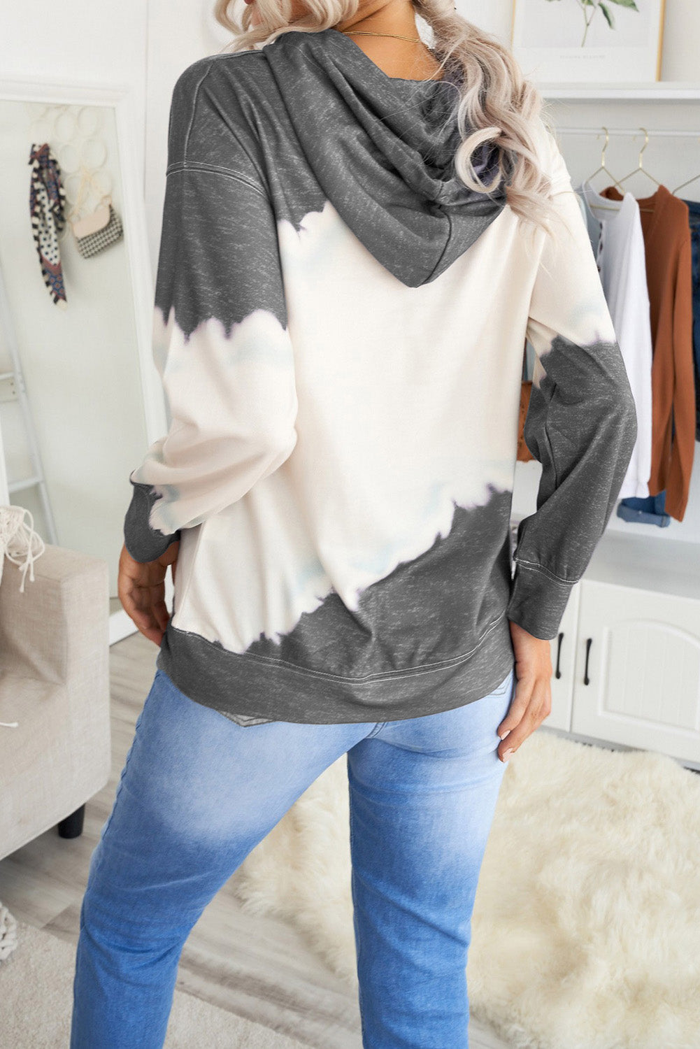 Gray Hooded Tie Dye Print Pocket Casual Sweatshirt