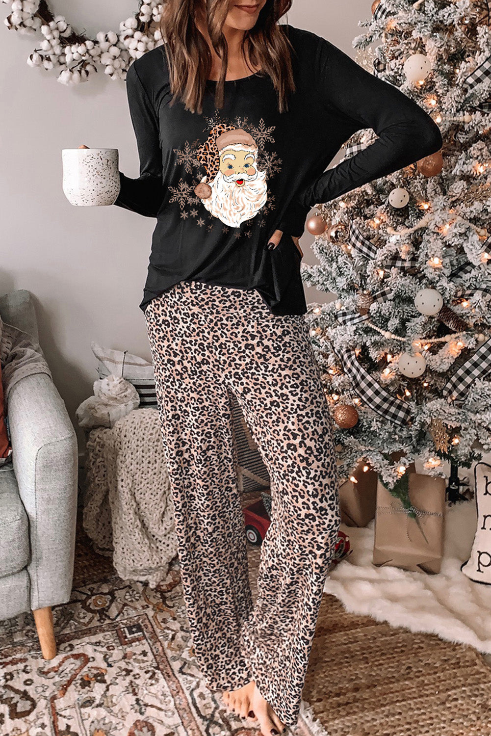 Christmas Santa Claus Leopard Print Two Piece Lounge Set