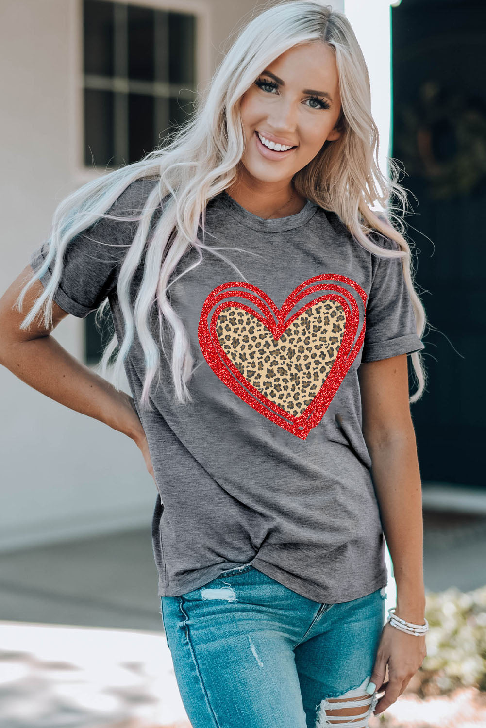 Sequin Leopard Heart Graphic T-shirt