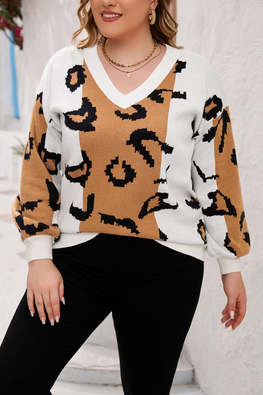 Orange Leopard Print Colorblock Drop Shoulder Plus Size Sweater