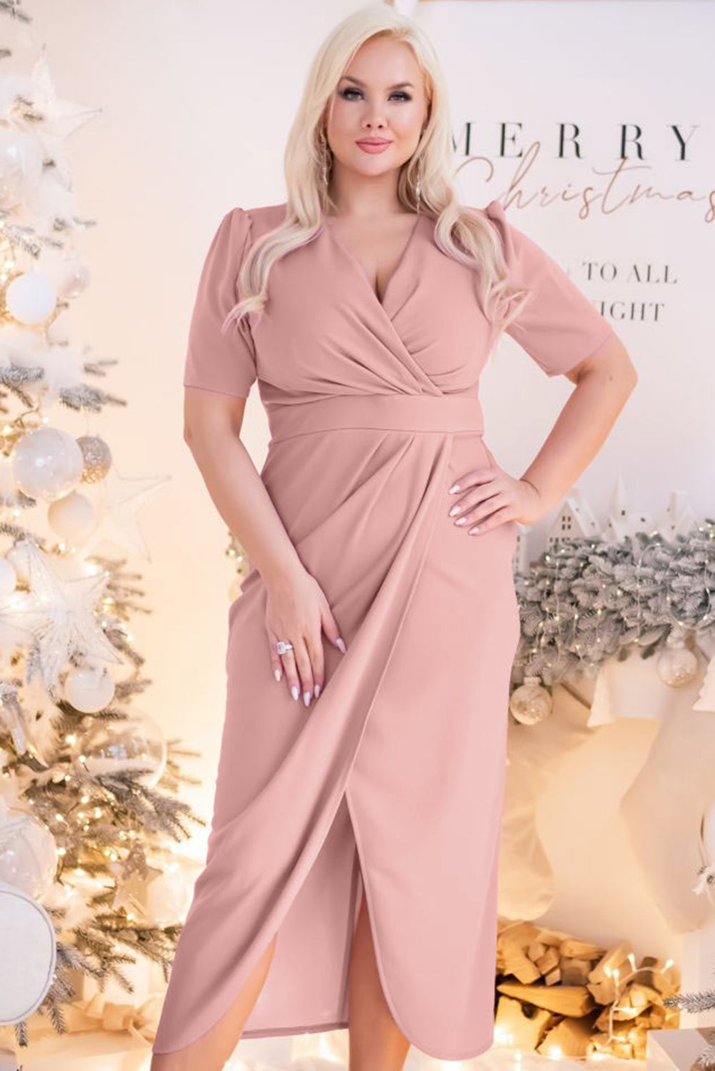 Plus Size Wrap V Neck Slit Hem Midi Dress