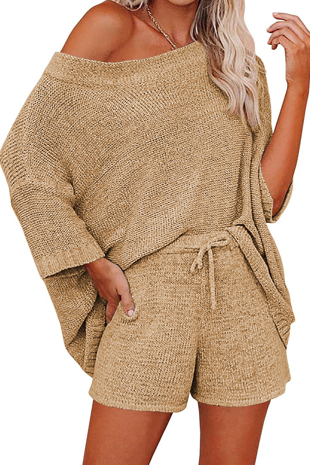 Khaki Solid Sweater Drawstring Shorts Outfit