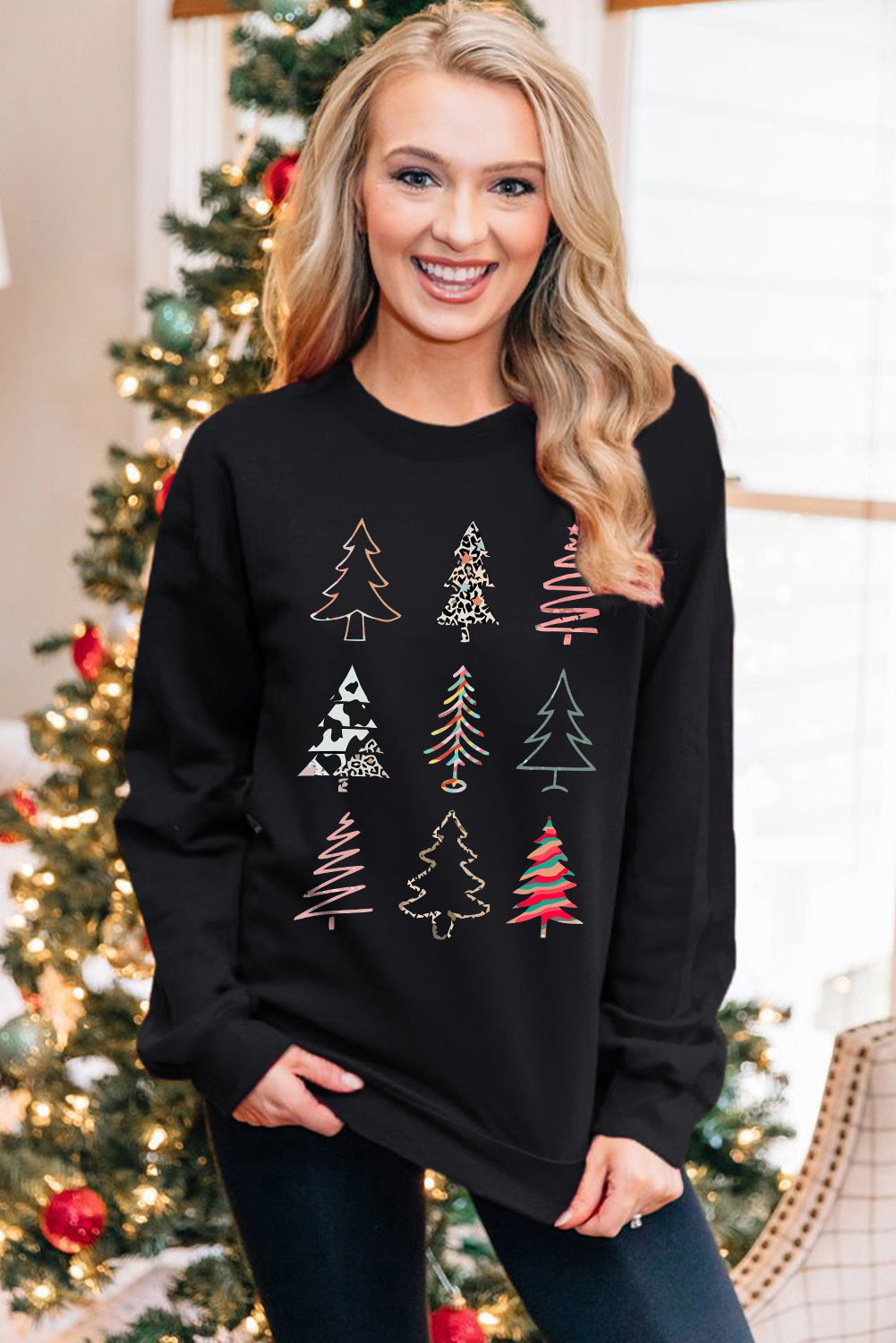 Christmas Tree Graphic Print Crew Neck Sweatshirt