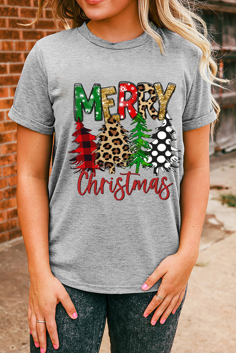 Merry Christmas Tree Pattern Print Crew Neck Graphic Tee