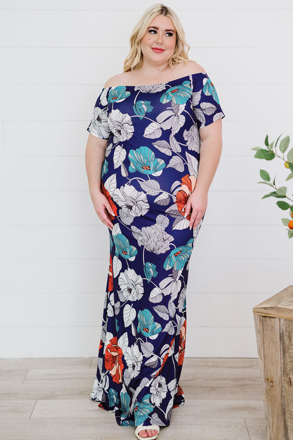 Green Off-the-shoulder Floral Print Plus size Maxi Dress