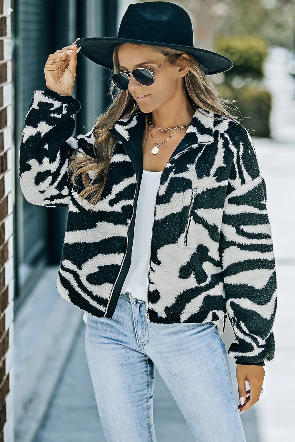 Zebra Teddy Zip-up High Neck Jacket