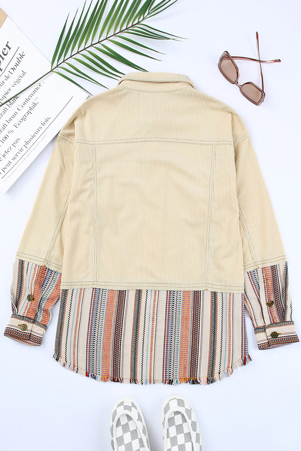 Green Button Up Pockets Striped Color Block Corduroy Jacket