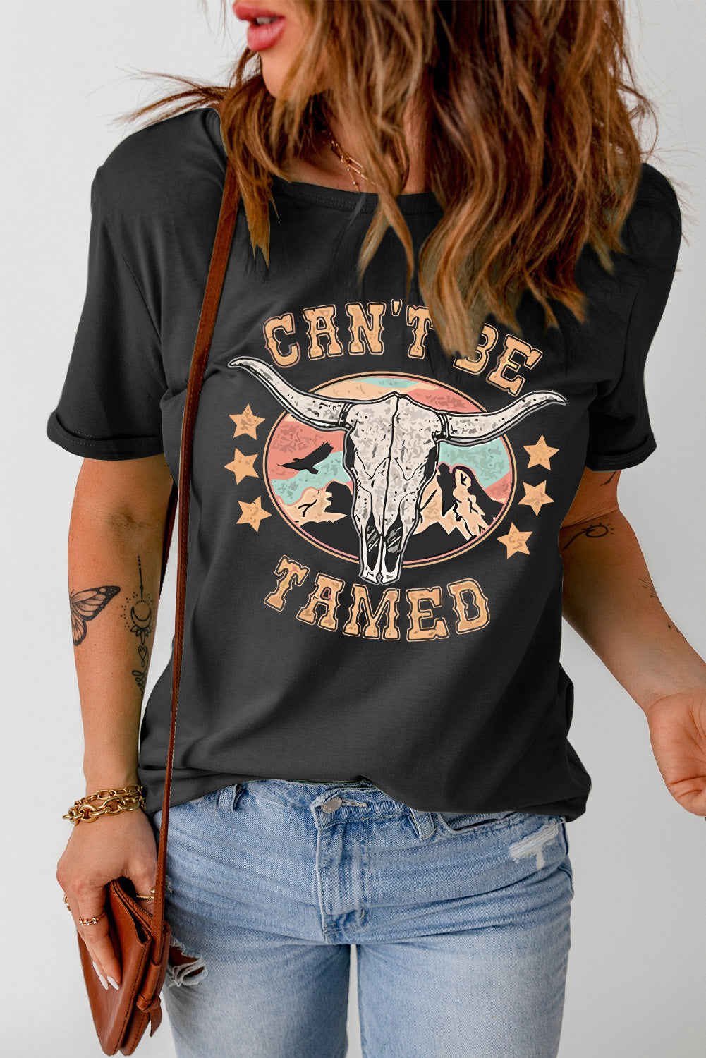 CAN'T BE TAMED Skull Western Graphic T Shirt