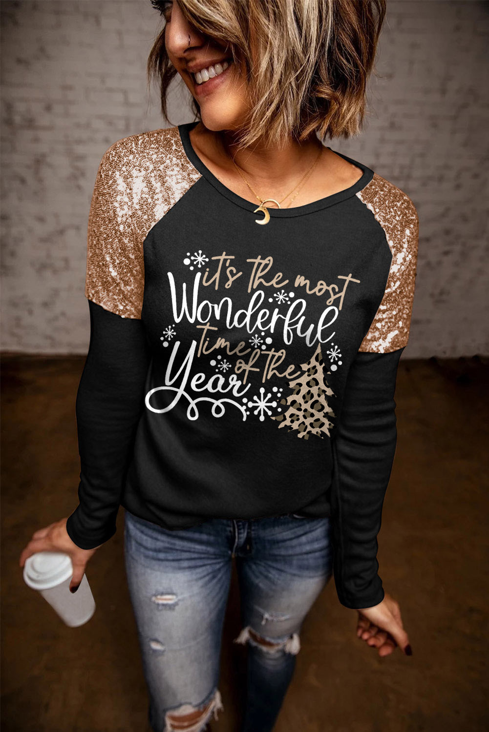 Wonderful Christmas Season Graphic Sequin Shoulder Top