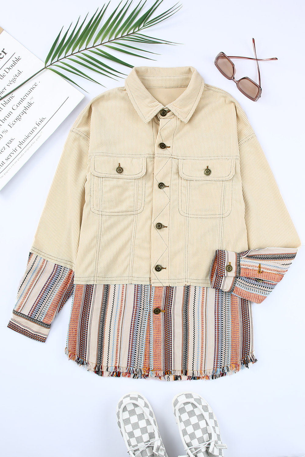 Green Button Up Pockets Striped Color Block Corduroy Jacket