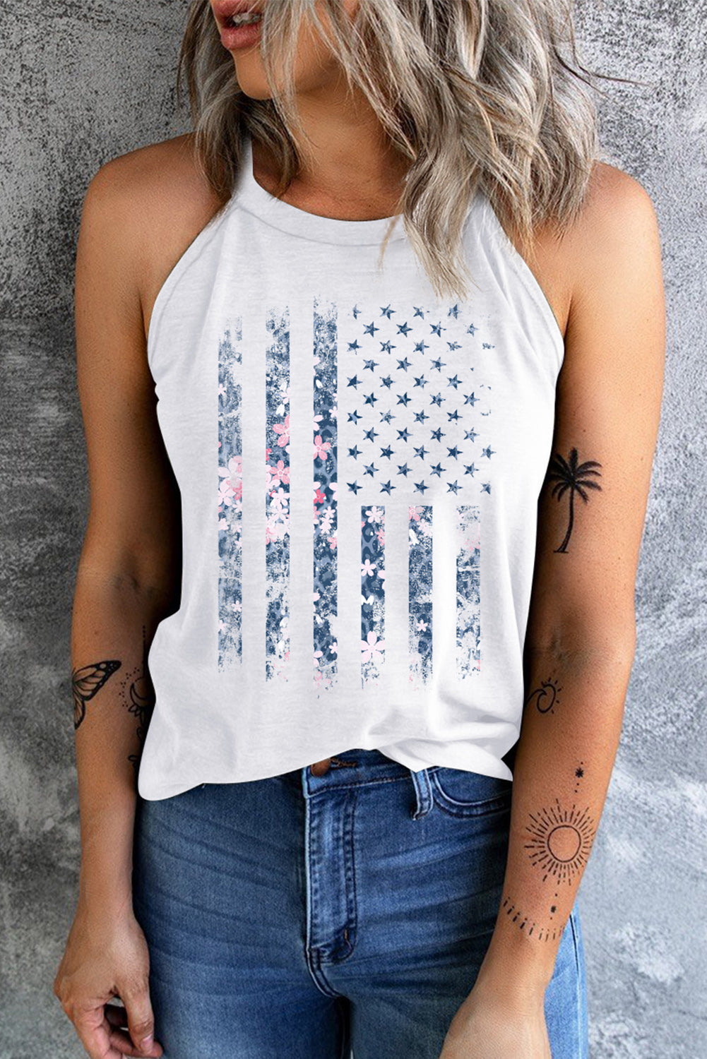 Floral Distressed American Flag Print Graphic Tank Top