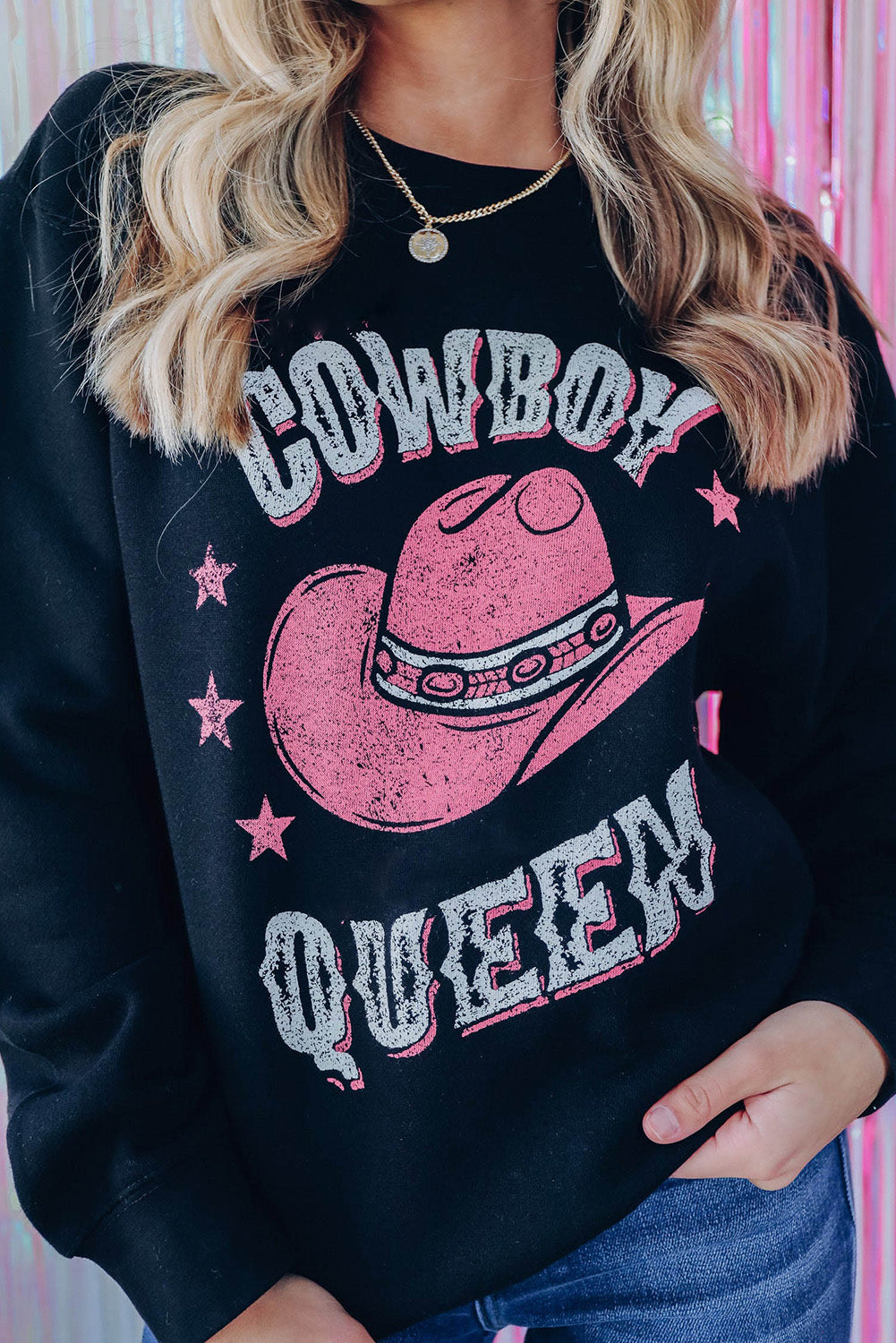 COWBOY QUEEN Hat Graphic Print Pullover Sweatshirt