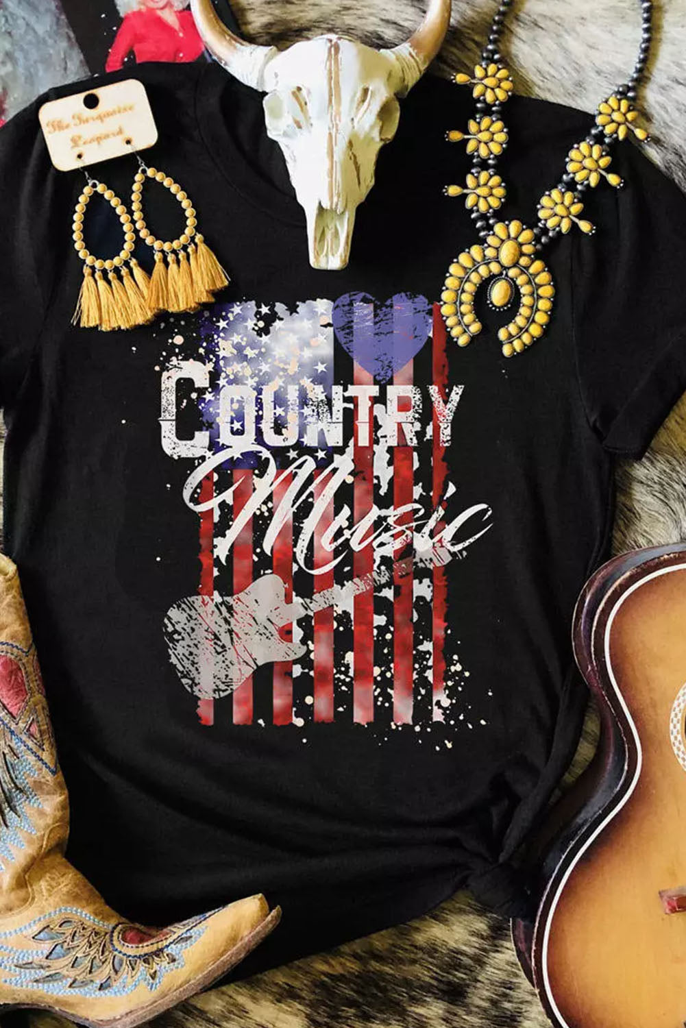 Country Music American Flag Print Short Sleeve T Shirt