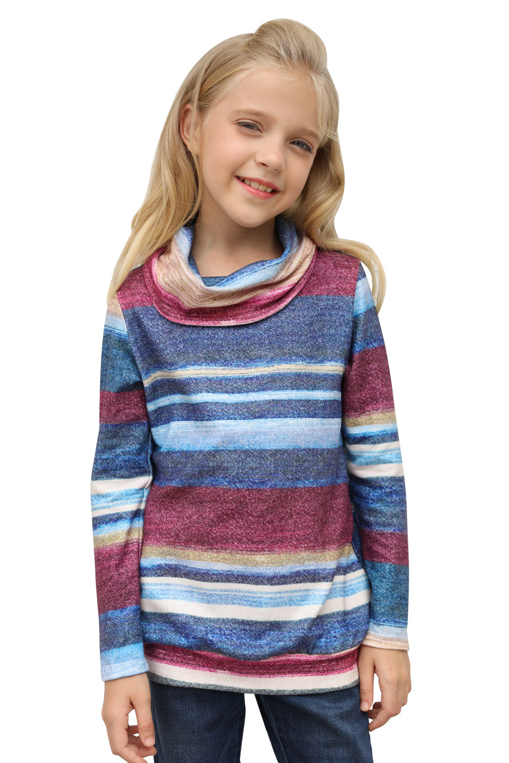 Multicolor Cowl Neck Girl's Striped Sweatshirt