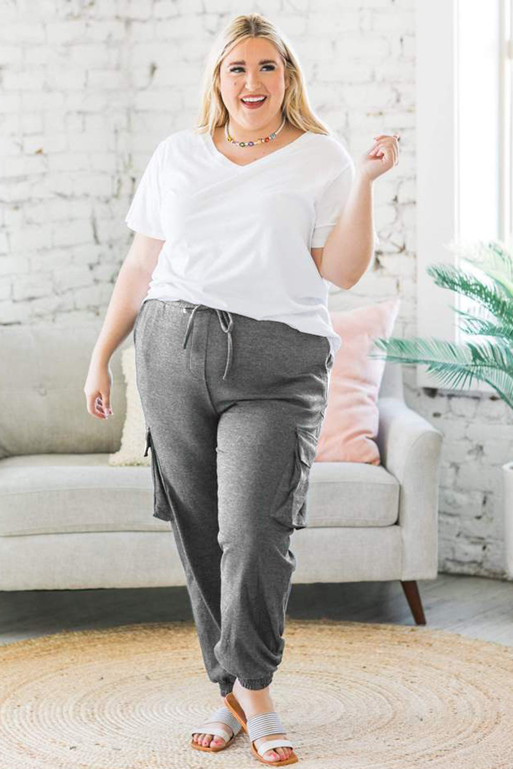 Gray Blue Elastic Waist Side Pocket Plus Size Jogger Pants