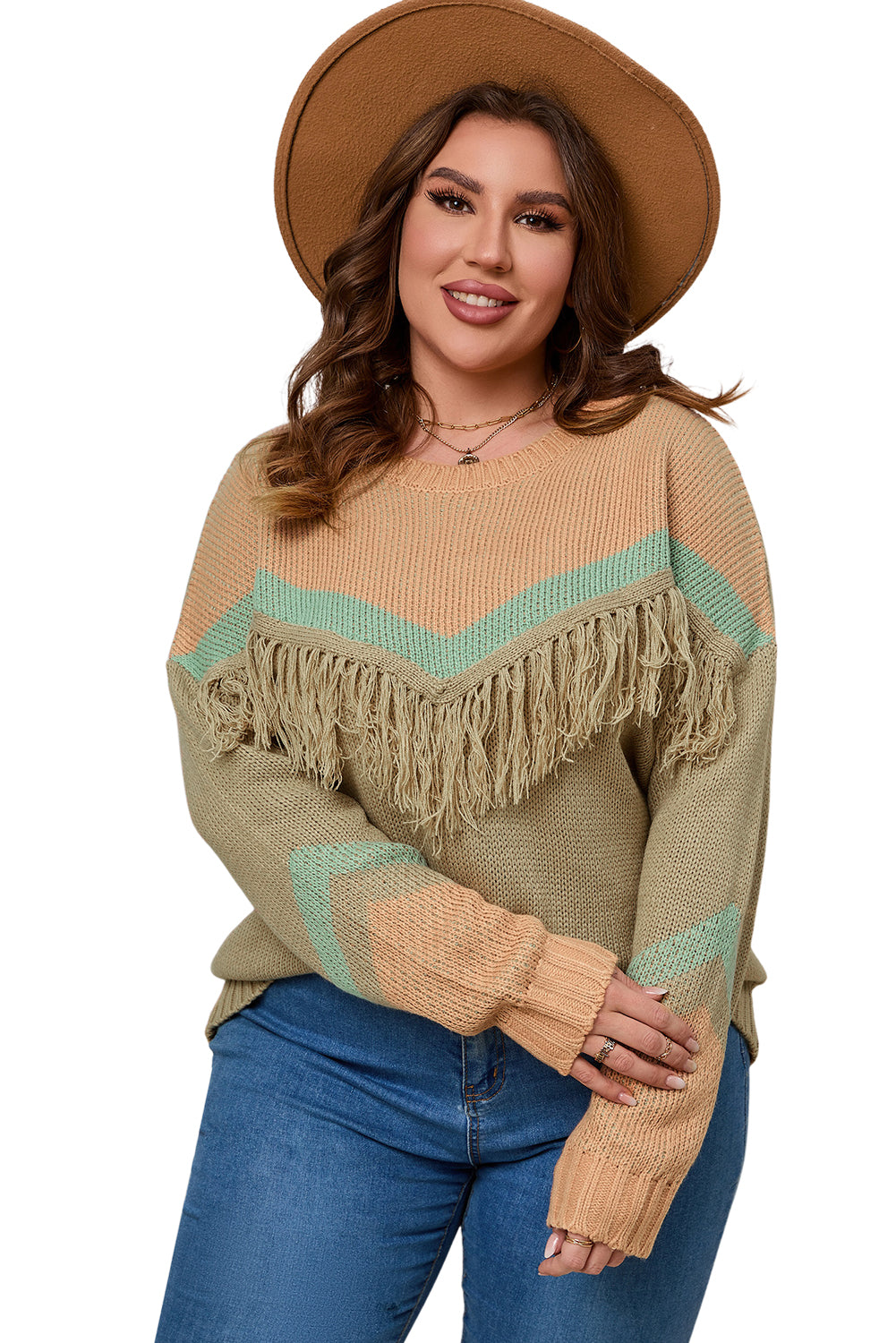 Multicolor Color Mixed Fringe Pullover Plus Size Sweater