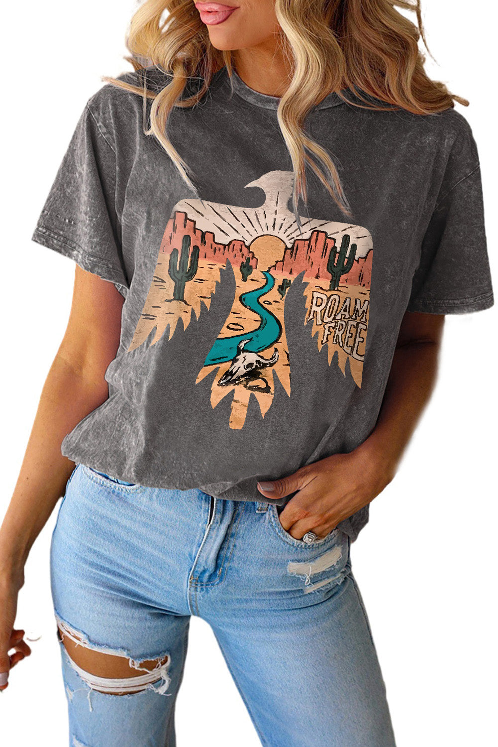 Western Skull Bird Shaped Print Short Sleeve Graphic Tee