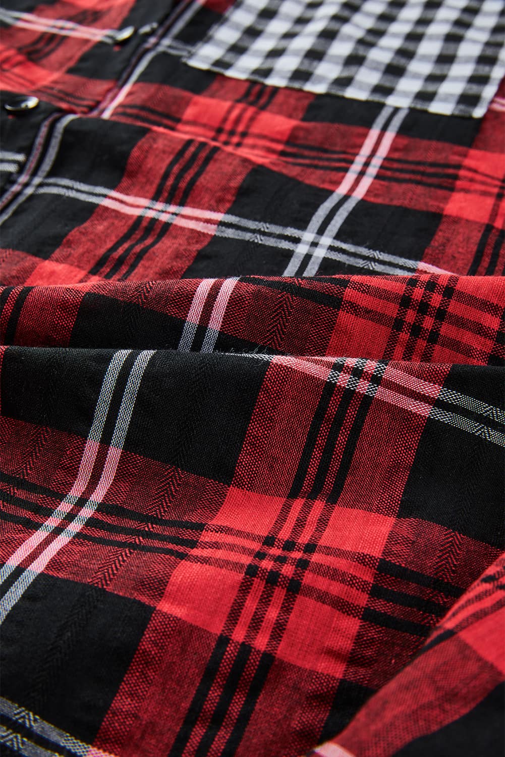 Fiery Red Plaid Splicing Hit Color Pockets Turndown Collar Long Sleeve Shirt