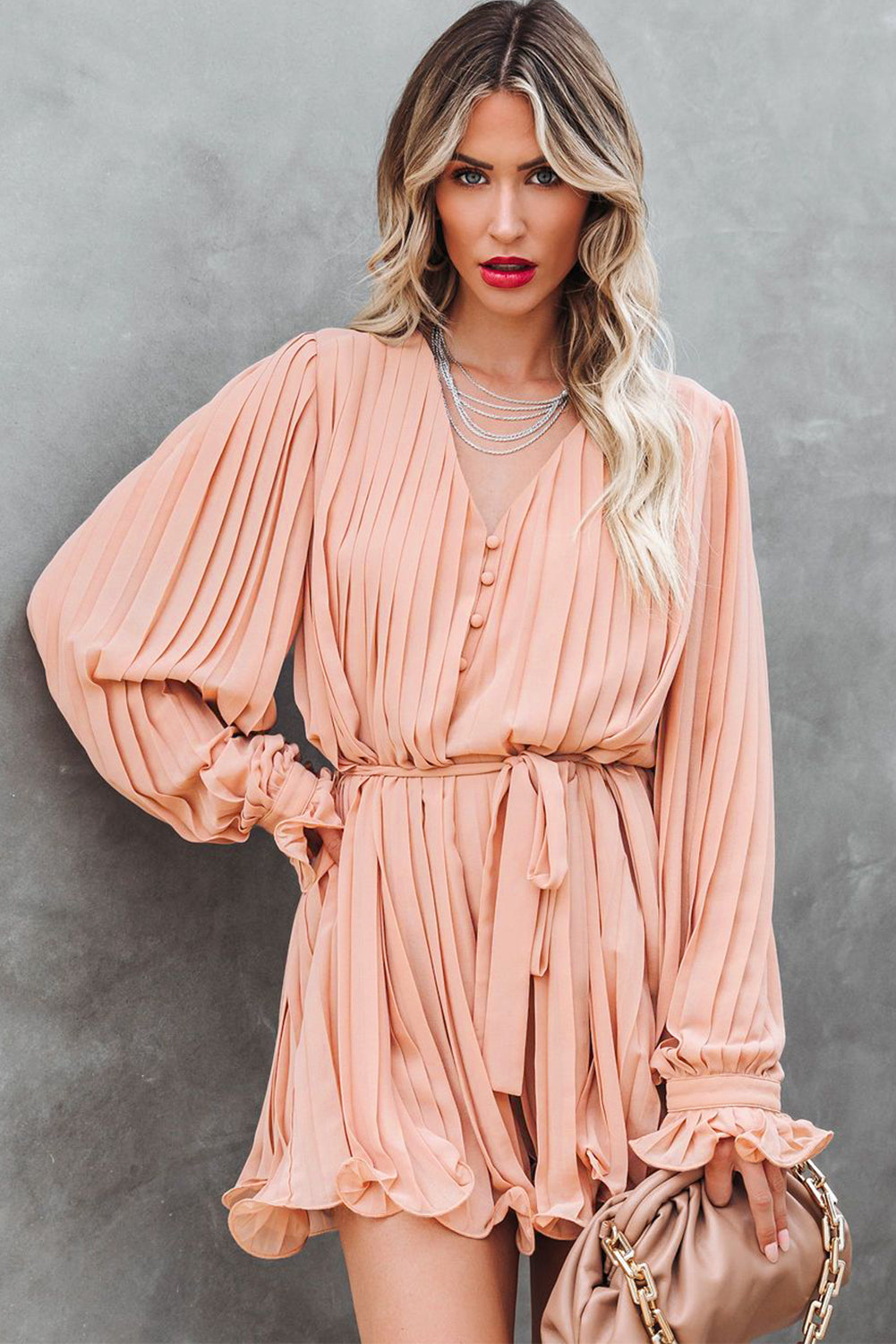 Pink Pleated Ruffled Tie Waist Buttons V Neck Romper