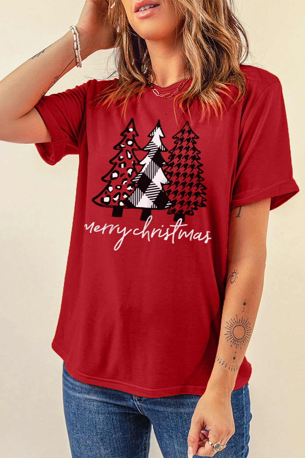 Merry Christmas Trees Graphic Print Short Sleeve T Shirt