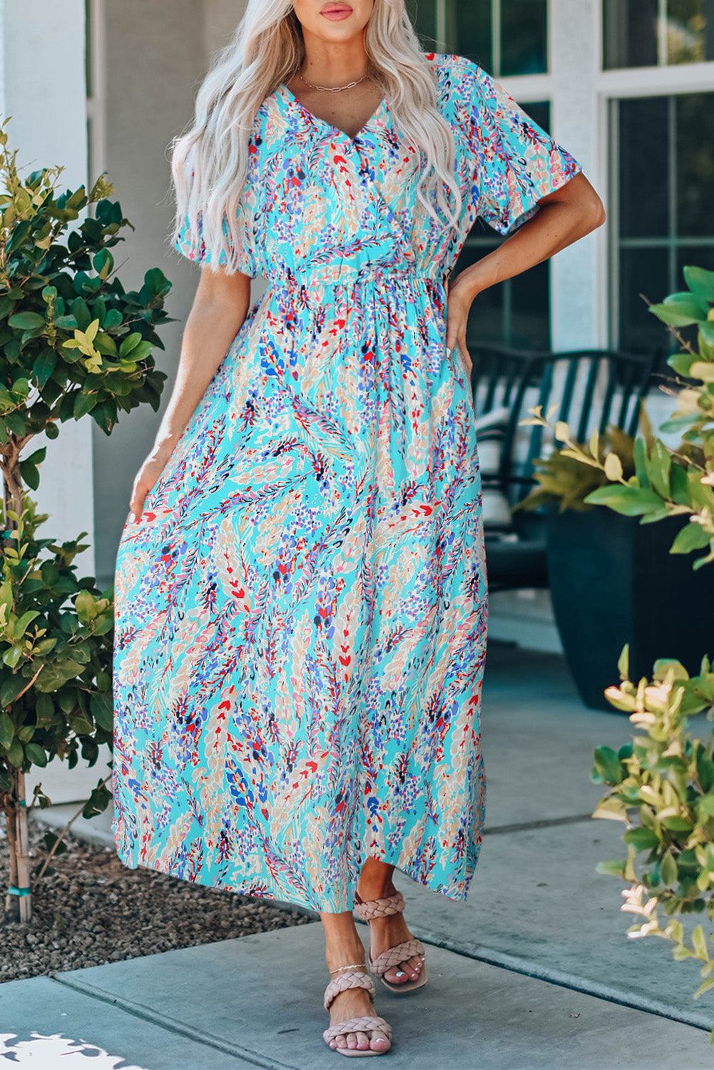 Wrap V Neck Floral Maxi Dress