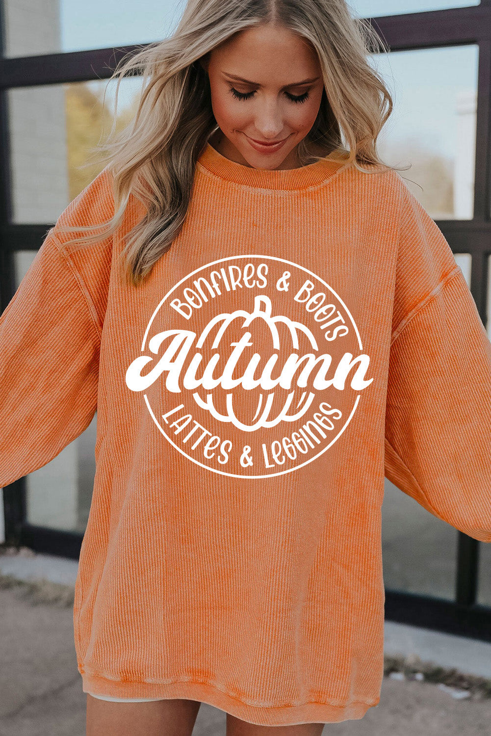 Autumn Pumpkin Graphic Print Corded Oversized Sweatshirt