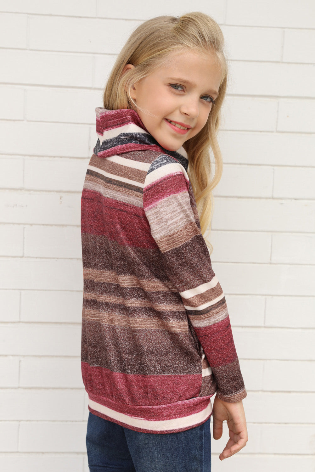 Multicolor Cowl Neck Girl's Striped Sweatshirt