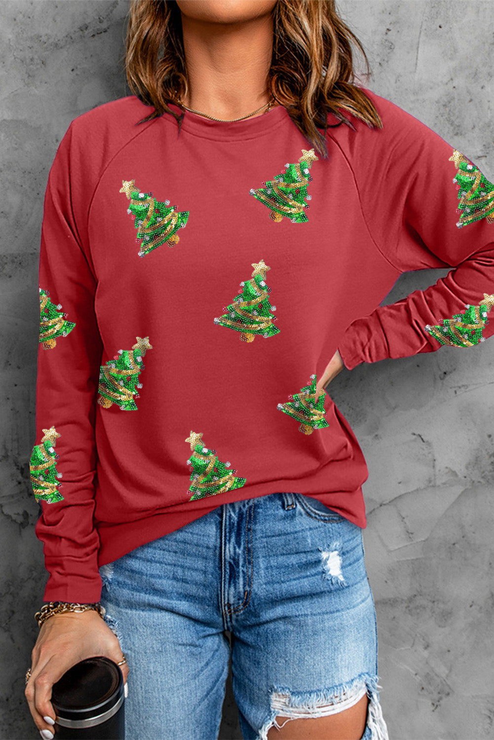 Fiery Red Sequined Christmas Tree Raglan Sleeve Sweatshirt