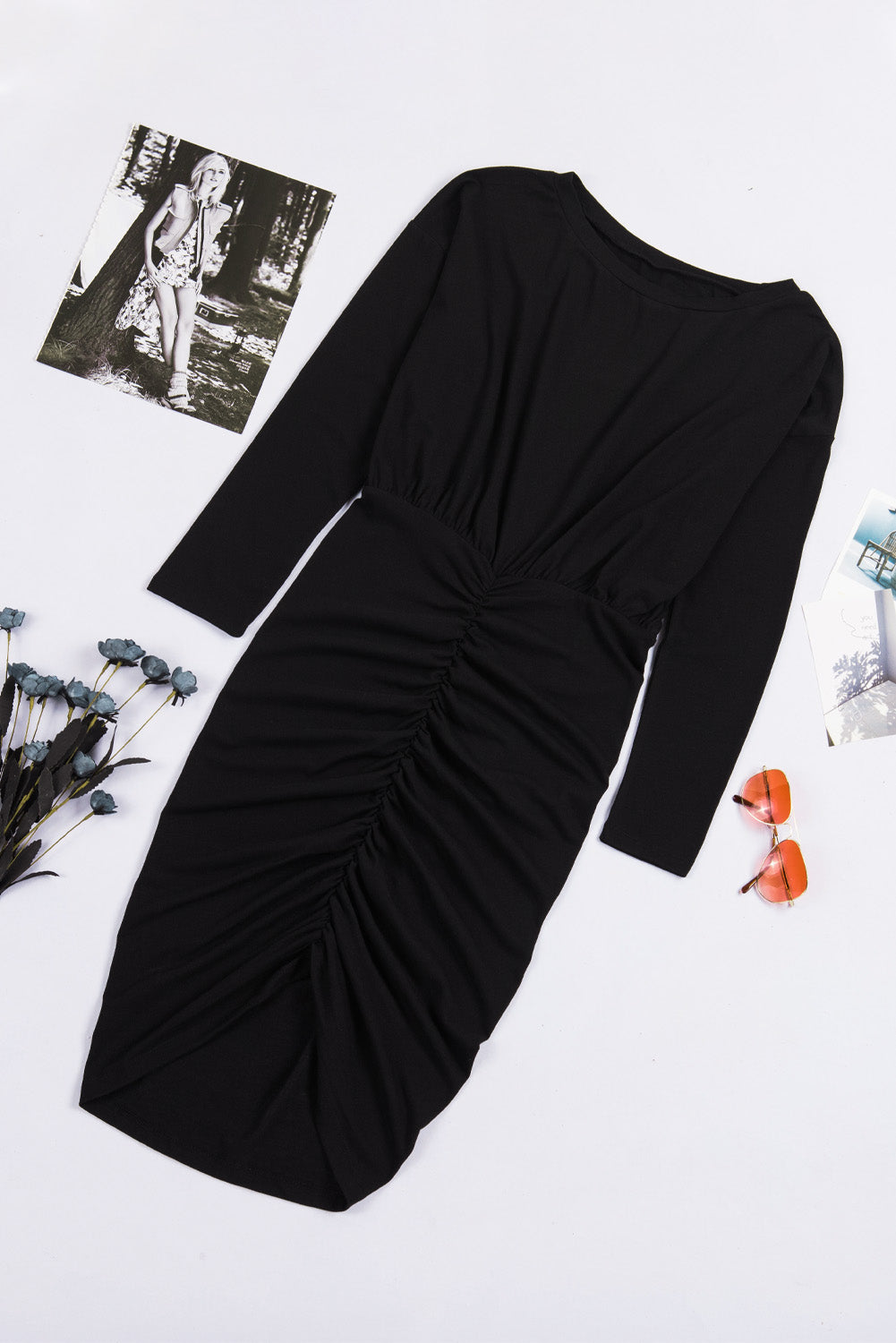 Black Black Crewneck Long Sleeve Shirred Split Bodycon Dress