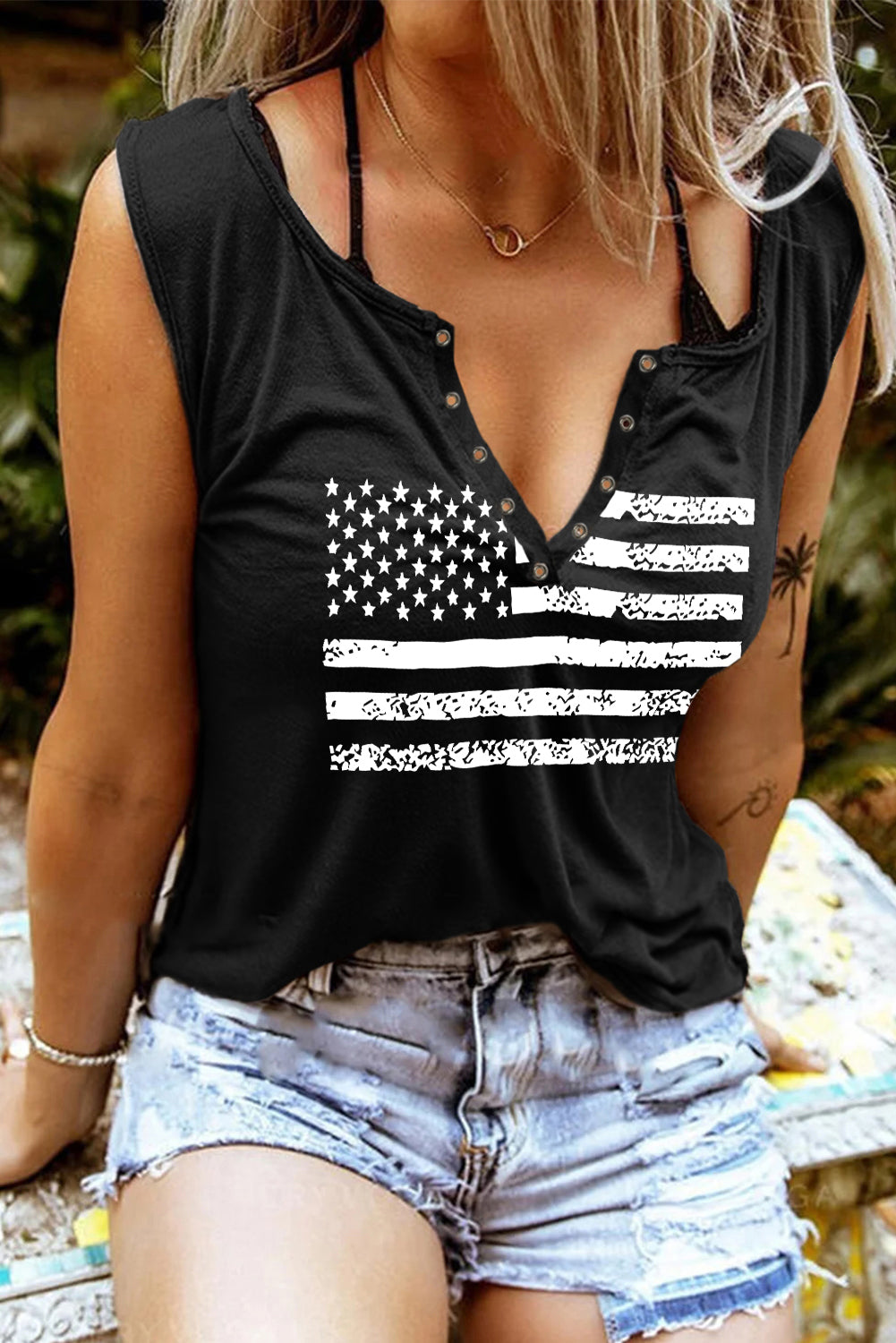 American Flag Print Split V Neck Sleeveless Top